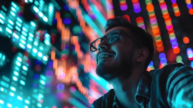 Enthusiastic Young Entrepreneur Tracking Cryptocurrency and Market Trends on Glowing Digital Interface