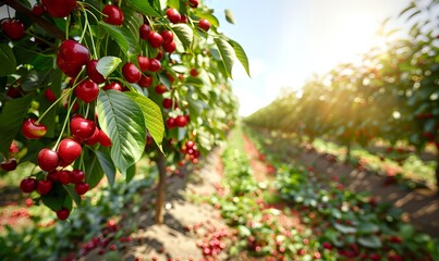 Fototapeta premium Ripe Red Cherries Hanging From Branch in Orchard