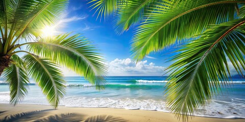 Fototapeta premium Tropical palm leaves swaying in the breeze with ocean waves in the background on a sunny beach, tropical, palm leaves, ocean