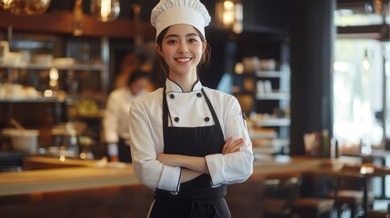 A young chef standing confidently in a modern kitchen, wearing a white chef's uniform and cap, exemplifying dedication and passion for culinary arts.