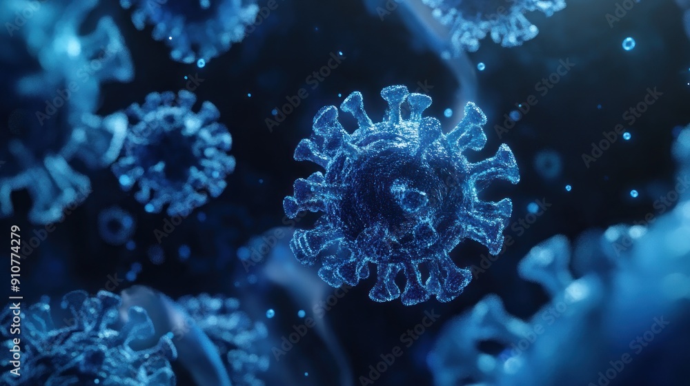Poster a close-up view of a blue virus particle against a dark background