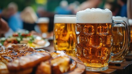 Luminous beer mugs overflowing with frothy, golden beer sit on a well-laden table, evoking the essence of camaraderie and celebration.