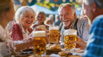 A group of seniors happily toasting with drinks at an outdoor festival, enjoying hearty laughter and the joyful, lively atmosphere of the celebration. - Powered by Adobe