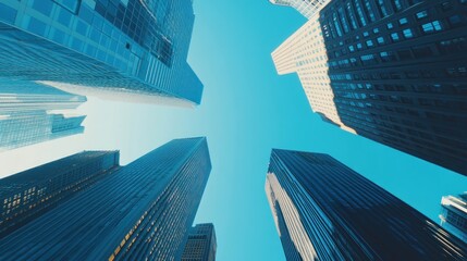 A low-angle view of towering skyscrapers against a clear blue sky.