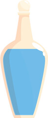 Glass bottle containing blue liquid standing on white background