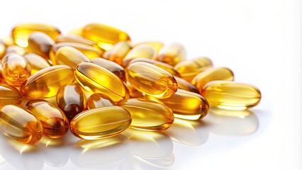 Fish oil capsules on a white background, omega-3, supplements, health, nutrition, pills, vitamins, fish
