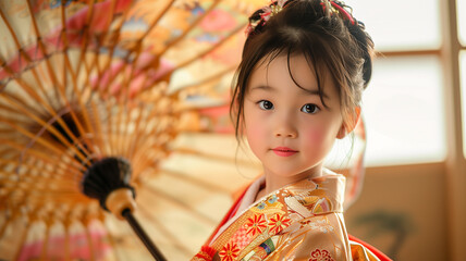 和傘を持つ7歳の日本人女の子 スタジオ撮影