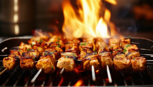 Jugosos pinchos de shish kebab as&aacute;ndose a la parrilla con llamas de fuego, resaltando el sabor de la carne y las verduras. Un plato perfecto para los amantes de la parrillada.