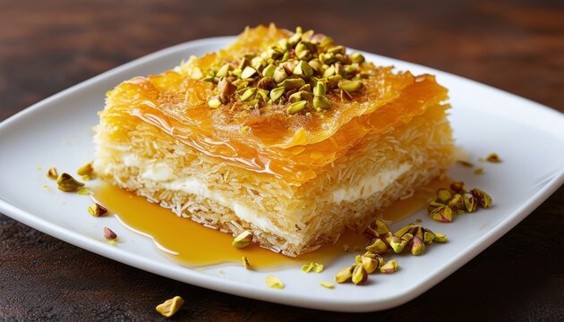 Un delicioso pastel de kunafa con una capa superior crujiente, cubierto de pistachos. Este postre del Medio Oriente se sirve en un plato moderno, ideal para disfrutar de una experiencia culinaria ex&oacute;t