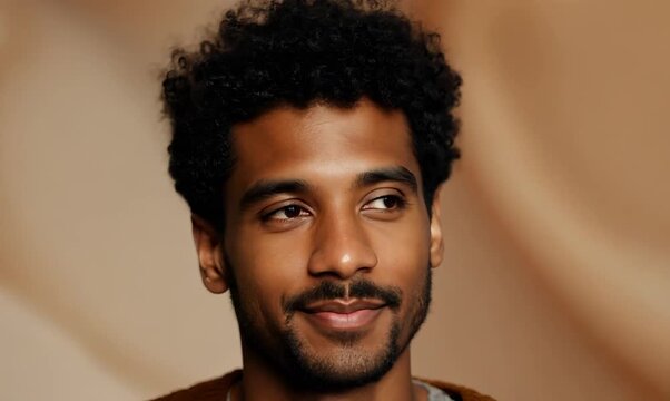 Portrait video of a satisfied Brazilian man in his 30s wearing a chic cardigan against an abstract background 