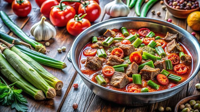 Plato de bamia, un guiso con carne de ternera, okra fresca y tomates. Una comida saludable y nutritiva para disfrutar en un almuerzo casero.