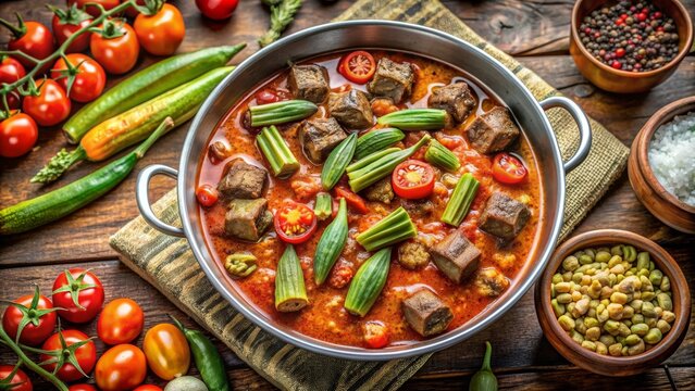 Plato tradicional de bamia, un guiso de ternera con okra, tomates y especias. Ideal para disfrutar de un aut&eacute;ntico sabor del Medio Oriente