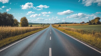 Countryside asphalt road surrounded by vast farmlands, with a small village visible in the distance