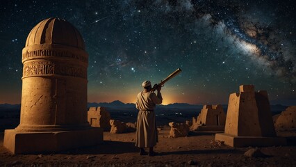 An ancient Babylonian astronomer stargazing on an observatory, surrounded by ancient astronomical instruments and the night sky.