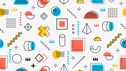 80s, 90s Memphis pattern background with geometric minimal elements and shapes, seamless vector. Memphis pattern for graphic art and Y2K background design with retro line shapes and isometric figures