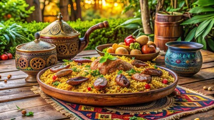 Fototapeta premium Un atractivo plato de kabsa con muslos de pollo marinados, rodeado de vajilla tradicional en un entorno al aire libre. Este plato destaca por su rica mezcla de especias y su presentación colorida, per