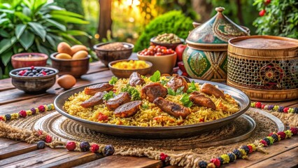 Fototapeta premium Un plato tradicional de kabsa servido al aire libre en un hermoso jardín. Este delicioso plato se prepara con arroz aromático, muslos de pollo marinados y una mezcla de especias orientales. El entorno