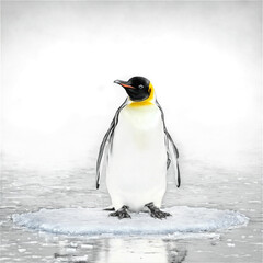 Fototapeta premium Cute emperor penguin Aptenodytes forsteri tobogganing on belly across ice sleek black and white form