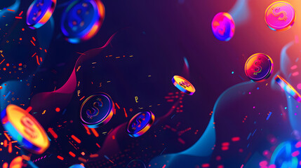 Motion with chips, bitcoin coins flying with gold, bokeh, for a banner, black background with abstract texture