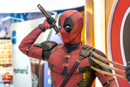Bangkok, Thailand - Aug 03, 2024: Model of Deadpool, the iconic antihero from Marvel Comics. His red and black suit, of a movie called Deadpool Wolverine display at the cinema to promote the movie