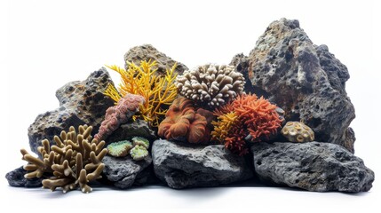 A tropical coral reef on rocks isolated on a white background