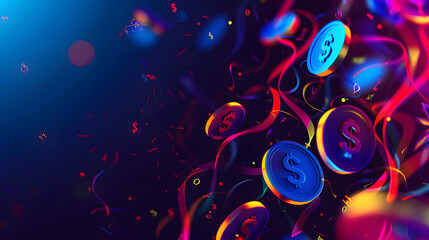 Motion with chips, bitcoin coins flying with gold, bokeh, for a banner, black background with abstract texture
