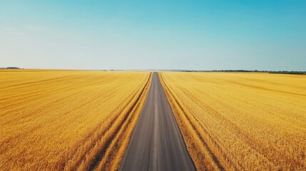 Fototapeta premium Top view of an empty rural asphalt road cutting through golden wheat fields under a clear blue sky