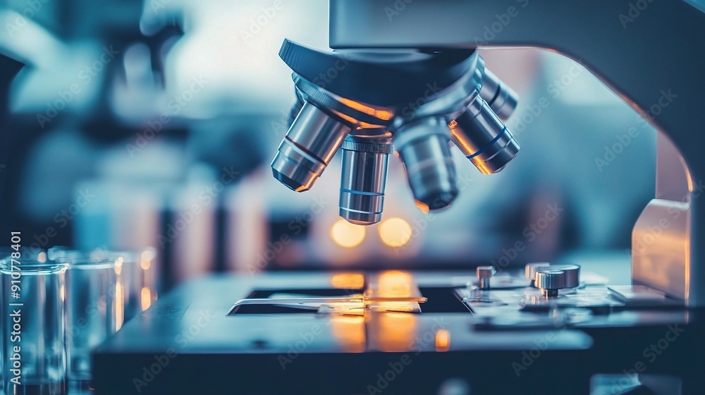 Poster unveiling the microscopic world: a high-powered microscope lens focuses on a specimen, illuminating 