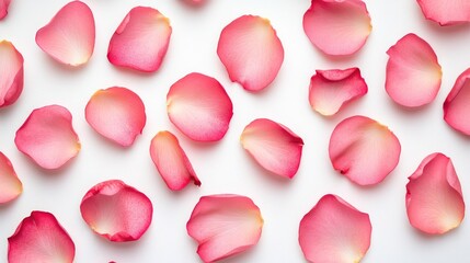 Top view of pink rose petals in a random pattern on a white background, perfect for a romantic Valentine's Day feel