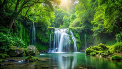 Fototapeta premium A serene waterfall flowing through a lush green forest, waterfall, nature, forest, scenic, tranquil, cascade