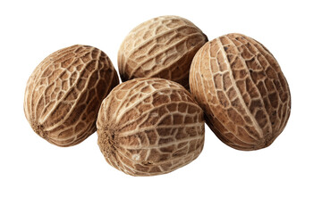 Heap of whole dried nutmeg seeds close up isolated on white background transparent PNG