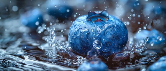Blueberries splashing in water, creating a dramatic and refreshing scene.