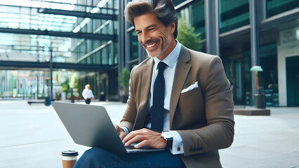 Smiling mature successful businessman working, typing on laptop sitting outdoors at office building