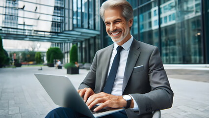 Smiling mature successful businessman working, typing on laptop sitting outdoors at office building