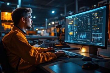 Logistics expert analyzing supply chain data on a computer screen, warehouse in the background, sleek design, innovative approach