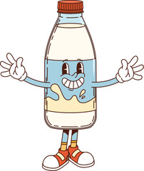 Milk bottle retro groovy breakfast character. Isolated cartoon vector cheerful, smiling, happy dairy product glass flask, with expressive face. Healthy drink personage in a joyful funky welcoming pose