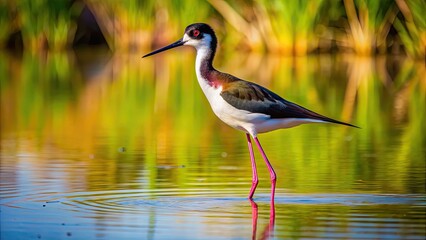 Obraz premium Black-necked Stilt wading in the waters of Kealia Pond National Wildlife Refuge in Hawaii, wildlife, bird