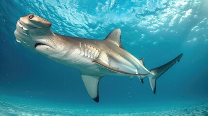 Obraz premium A Hammerhead Shark Swimming Through Clear Blue Water