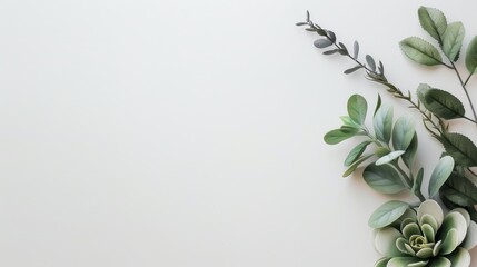 Fototapeta premium Minimalist flat lay of green succulent and leafy branches on white background. Perfect for natural themed designs and backgrounds.