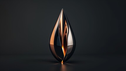 Fototapeta premium Sleek metallic abstract sculpture resembling a teardrop, standing against a dark backdrop, showcasing modern artistry.