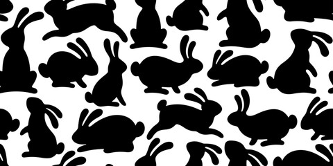 Rabbit silhouette pattern. Seamless vector bunny background. Black silhouette wallpaper. Easter or Mid Autumn hare. Cute rabbit animals on white. Cartoon bunny shape shadow. Jump, run, stand, sit