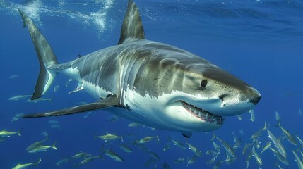 Fototapeta premium Great White Shark Approaching School of Fish in Deep Blue Water