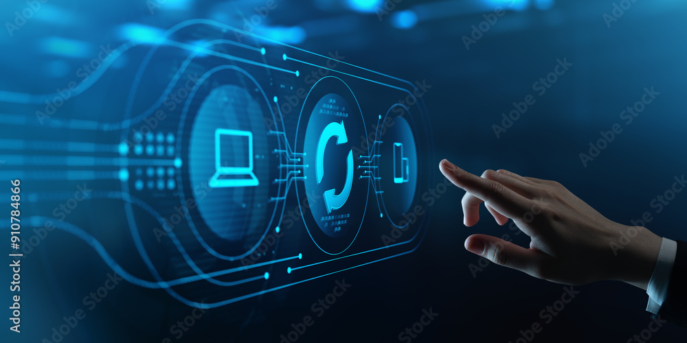 Poster software update. human hand touching futuristic virtual screen with update icon