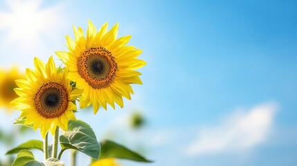 Obraz premium A field of sunflowers blooming under a bright blue sky