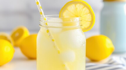 Close-up of lemonade in a mason jar, garnished with a lemon slice and straw