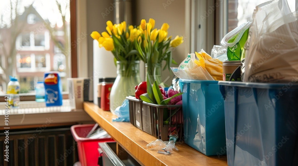 Poster setting up a recycling station for easy disposal of spring cleaning recyclables and waste.
