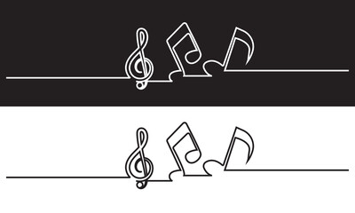 continuous single line drawing of music notes and treble clef, abstract sheet music line art vector illustration. isolated on white and black background. EPS 10