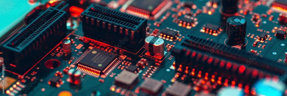 Poster a detailed close-up view of an electronic circuit board, illuminated with red light, showcasing the 