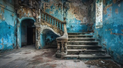 Fototapeta premium Abandoned interior with a distressed blue wall and crumbling staircase, highlighting architectural decay and urban exploration.