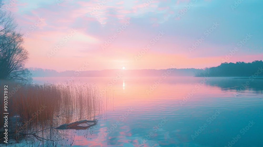 Canvas Prints Soft pastel hues of a spring sunset over a calm lake, evoking peaceful and relaxing atmospheres for your designs.